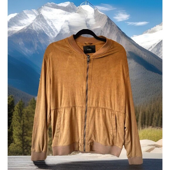 Zara Man Men's‎ Jacket Brown XL Faux Suede Zip Bomber Pockets - Picture 1 of 11